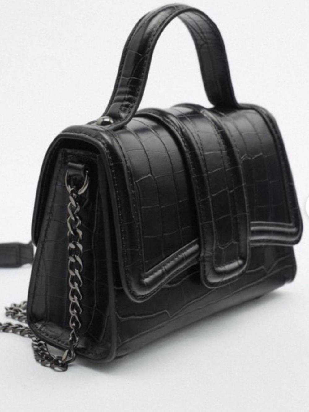 Zara Mini City Black Croc-Embossed Top Handle Shoulder Bag